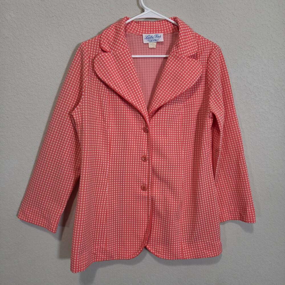 Vintage Blazer Lucky Tops Womens M 60s 70s Salmon Coral Gingham Check Jacket
